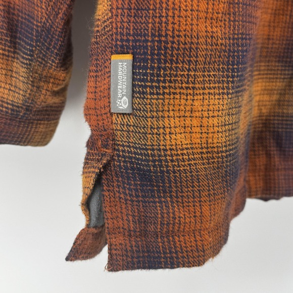 Mountain Hardwear Shirt Shacket Jacket Mens Large Orange Brown Plaid Snap Front - Picture 10 of 14